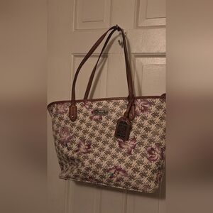 Ralph Lauren Cream/Brown And Tan Dobson Floral Tote Bag With Purple Flowers